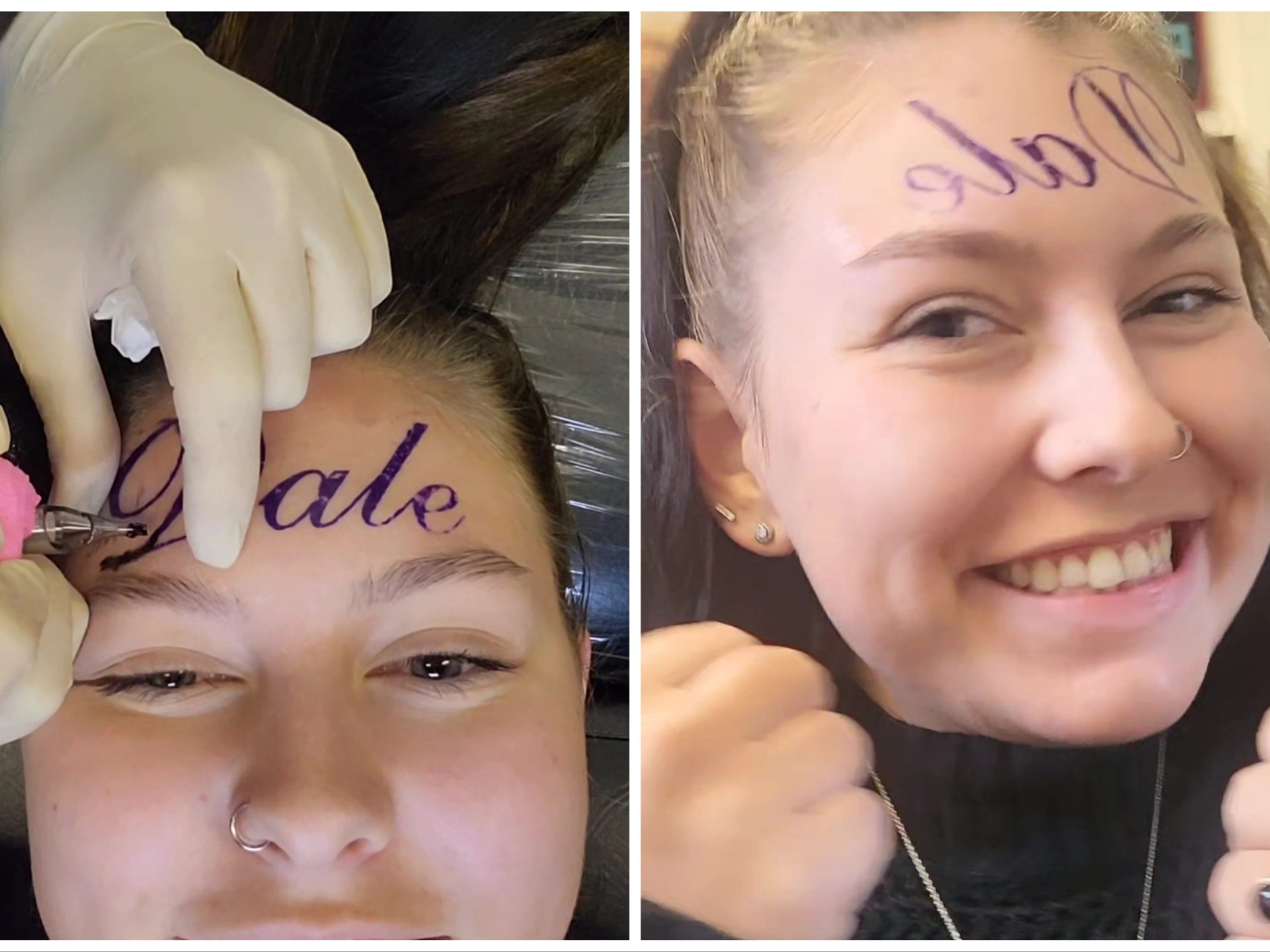 Mädchen lässt sich den Namen ihres Freundes auf die Stirn tätowieren (zeigt aber tatsächlich das Make-up)