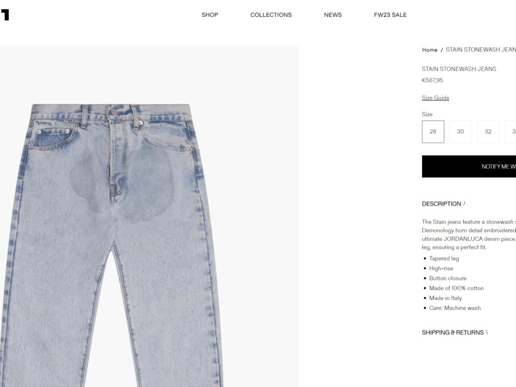 Los jeans manchados de orina son una ganga a pesar del precio.
