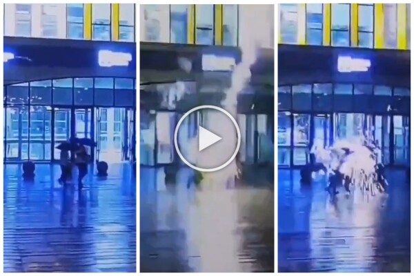 Kamera zeichnet Blitz auf, der zwei Menschen am Bahnhof trifft: schockierendes Video