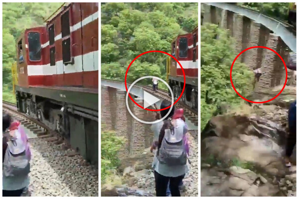 Sie machen Selfies auf der Brücke, als der Zug ankommt, und stürzen sich in einem schockierenden Video in die Schlucht