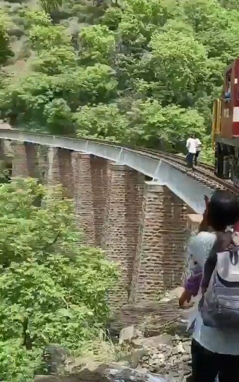 Sie machen Selfies auf der Brücke, als der Zug ankommt, und stürzen sich in einem schockierenden Video in die Schlucht