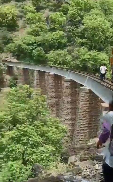 Sie machen Selfies auf der Brücke, als der Zug ankommt, und stürzen sich in einem schockierenden Video in die Schlucht