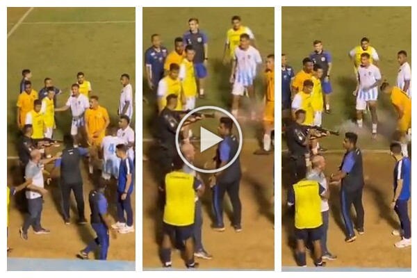 Das Spiel endet und die Teams streiten sich, dass die Polizei ein Torwart-Schockvideo schießt